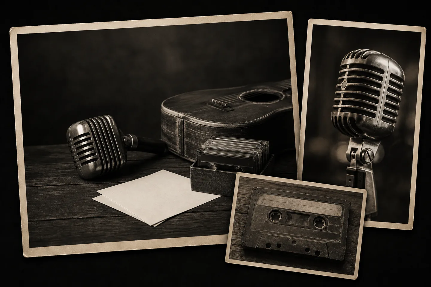 Collage évocateur de souvenirs musicaux corses, microphone et cassette